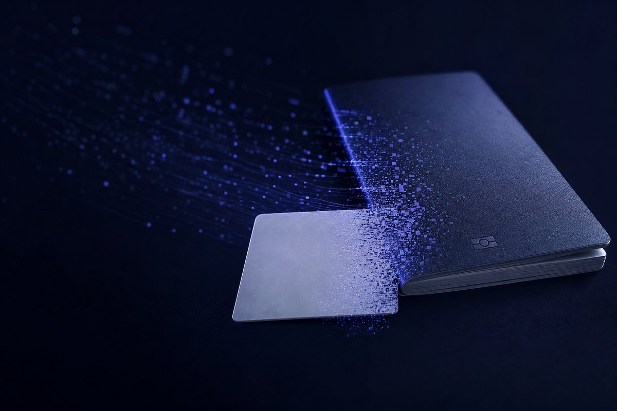 An identity card and a passport dissolving into streams of data